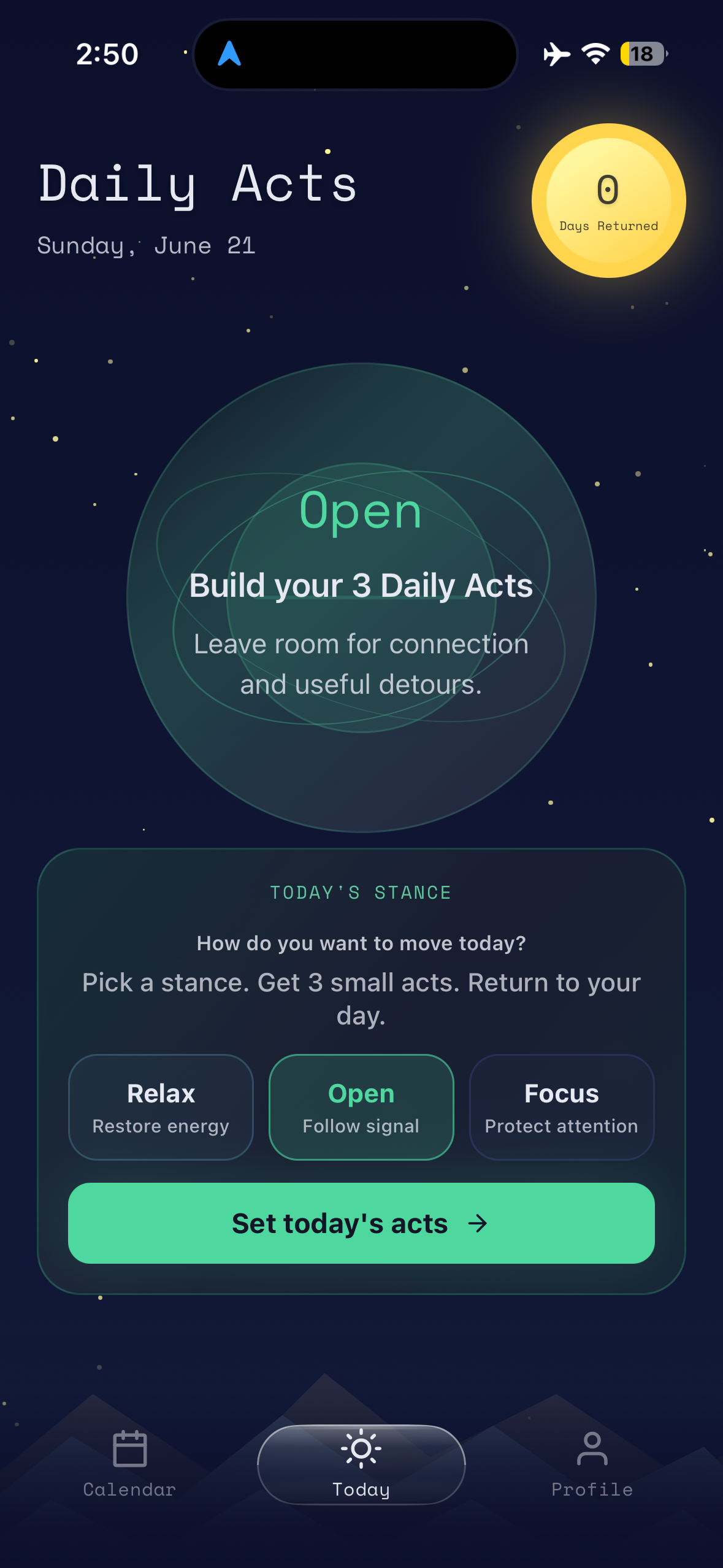 Daily Acts app showing an Open stance with Relax, Open, and Focus choices